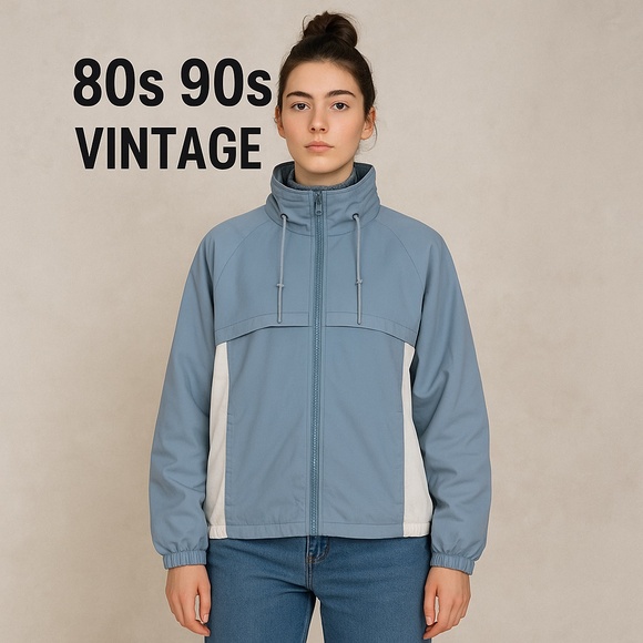 80s 90s Vintage NUAGE Powder Blue White High Neck Zip Windbreaker Jacket Large - Picture 1 of 16